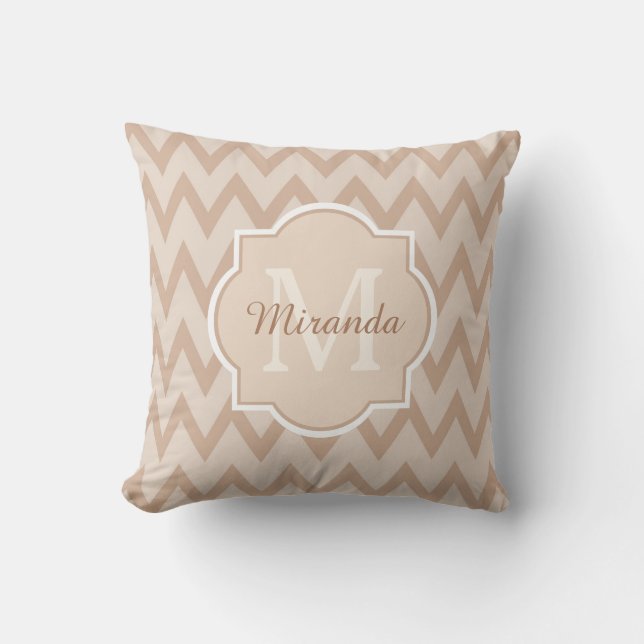 Trendy Tan Brown Chevron Zigzag Name and Monogram Throw Pillow (Front)