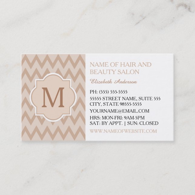 Trendy Tan Chevron Zigzag Monogram Hair Salon Business Card (Front)