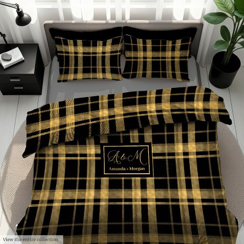 Trendy Tartan Duvet Cover Elegant Black Gold Gift