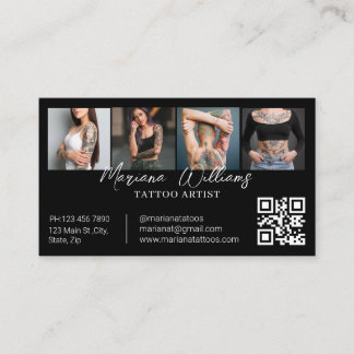 Trendy Tattoo Artist QR Code 4 Photo Collage Black Business Card