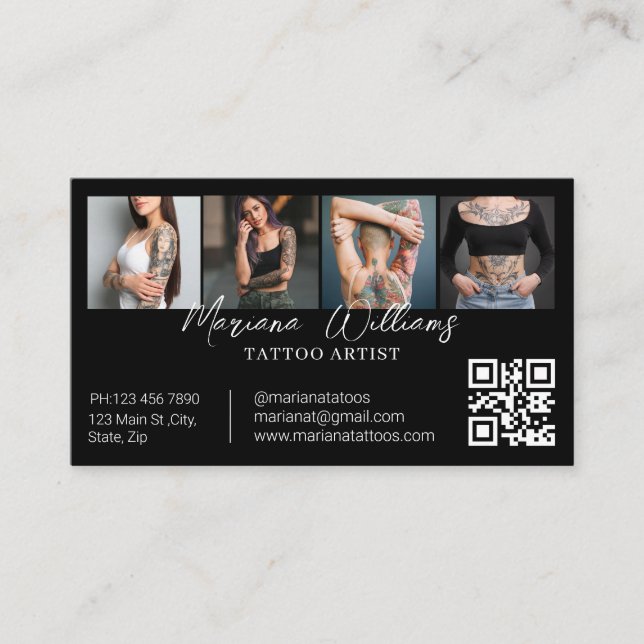 Trendy Tattoo Artist QR Code 4 Photo Collage Black Business Card (Front)