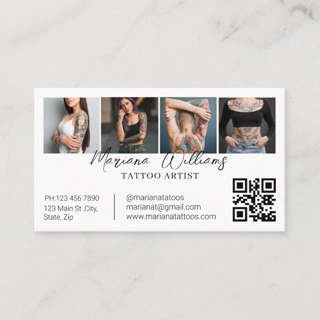 Trendy Tattoo Artist QR Code 4 Photo Collage  Business Card (Front)