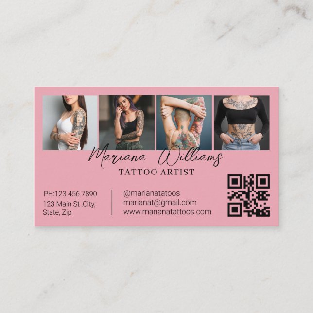 Trendy Tattoo Artist QR Code 4 Photo Collage pink Business Card (Front)
