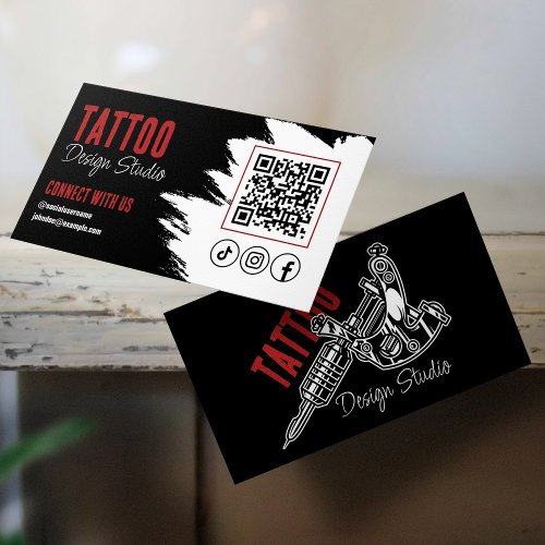 Trendy Tattoo Artist Studio Black and Red QR code Business Card