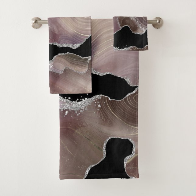 Trendy Taupe & Black Agate Silver Glitter Bath Towel Set (Insitu)