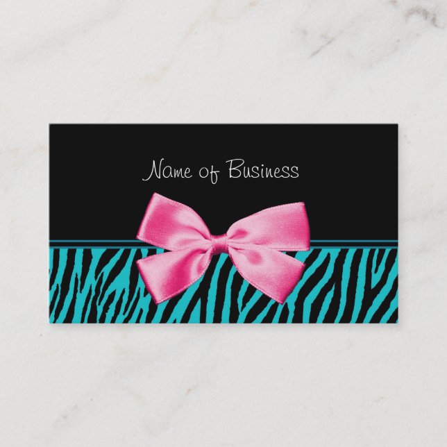 Trendy Teal and Black Zebra Print Girly Pink Bow Business Card (Front)