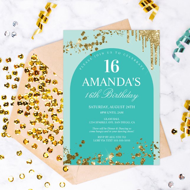 Trendy Teal and Gold Glitter Drip Birthday Invitation (Creator Uploaded)