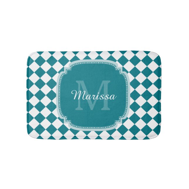 Trendy Teal and White Checked Monogrammed Name Bathroom Mat (Front)