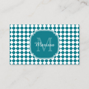 Trendy Teal and White Checked Monogrammed Name Business Card