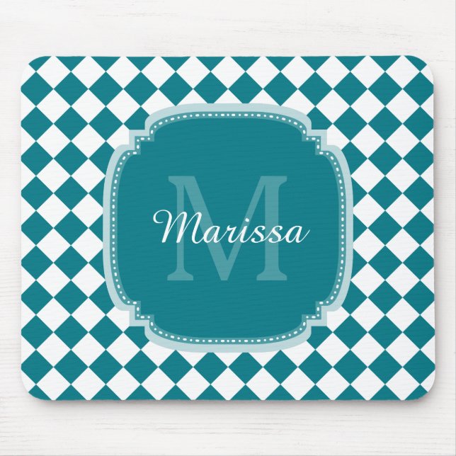 Trendy Teal and White Checked Monogrammed Name Mouse Pad (Front)