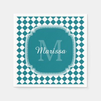 Trendy Teal And White Checked Monogrammed Name Napkins by ohsogirly at Zazzle