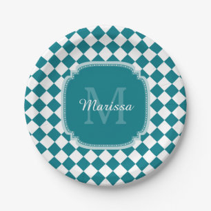 Trendy Teal and White Checked Monogrammed Name Paper Plates