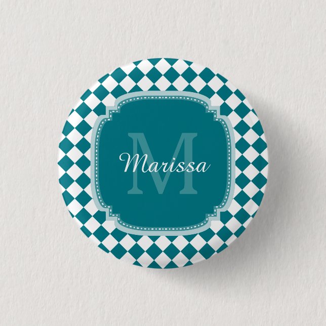Trendy Teal and White Checked Monogrammed Name Pinback Button (Front)