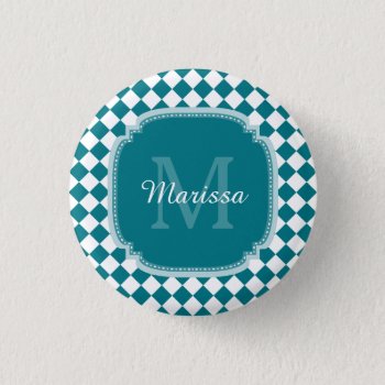 Trendy Teal And White Checked Monogrammed Name Pinback Button by ohsogirly at Zazzle