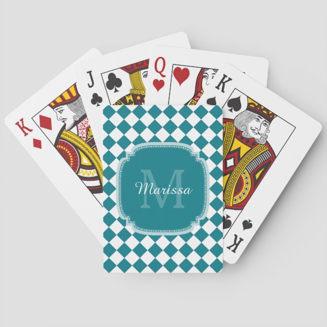 Trendy Teal and White Checked Monogrammed Name Poker Cards (Back)
