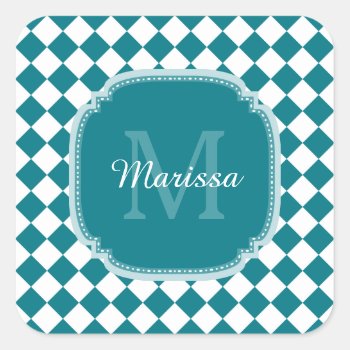 Trendy Teal And White Checked Monogrammed Name Square Sticker by ohsogirly at Zazzle