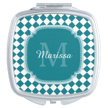 Trendy Teal And White Checked Monogrammed Name Vanity Mirror by ohsogirly at Zazzle
