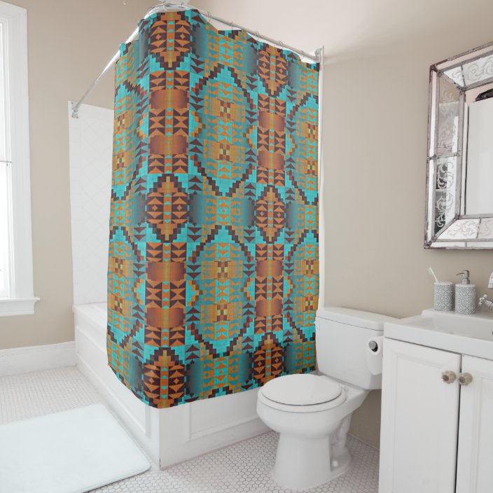 Trendy Teal Aqua Turquoise Blue Orange Brown Art Shower Curtain Zazzle Com