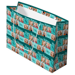 Trendy Teal Birthday Party Custom Photo Collage Large Gift Bag