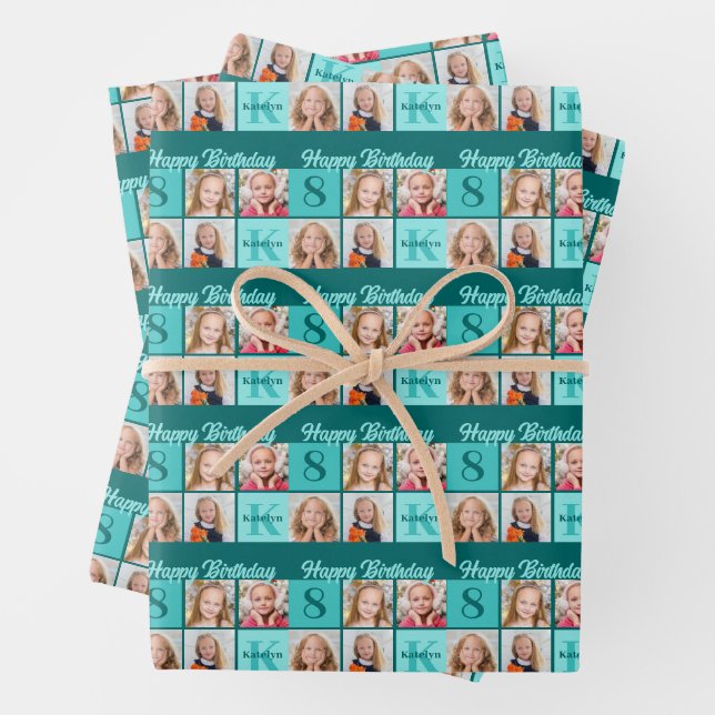 Trendy Teal Birthday Party Custom Photo Collage Wrapping Paper Sheets (In situ)