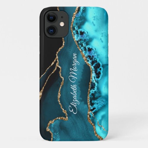 Trendy Teal Black and Gold Agate  DIY Name iPhone 11 Case