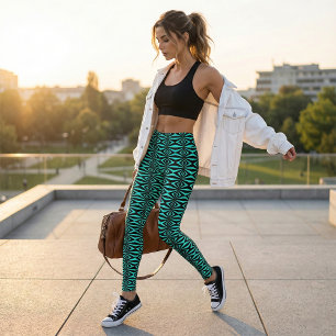Trendy Teal Black Op Art Geometric Mosaic Pattern Leggings