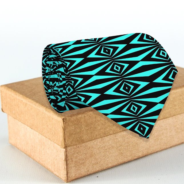 Trendy Teal Black Op Art Geometric Pattern Modern Neck Tie (Creator Uploaded)