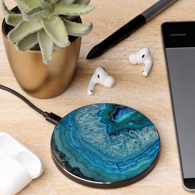 Trendy Teal Blue Aqua Turquoise Geode Rock Pattern Wireless Charger (Desk 2)