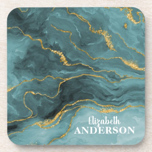 Trendy Teal Blue Gold Agate Geode Marble Monogram  Beverage Coaster