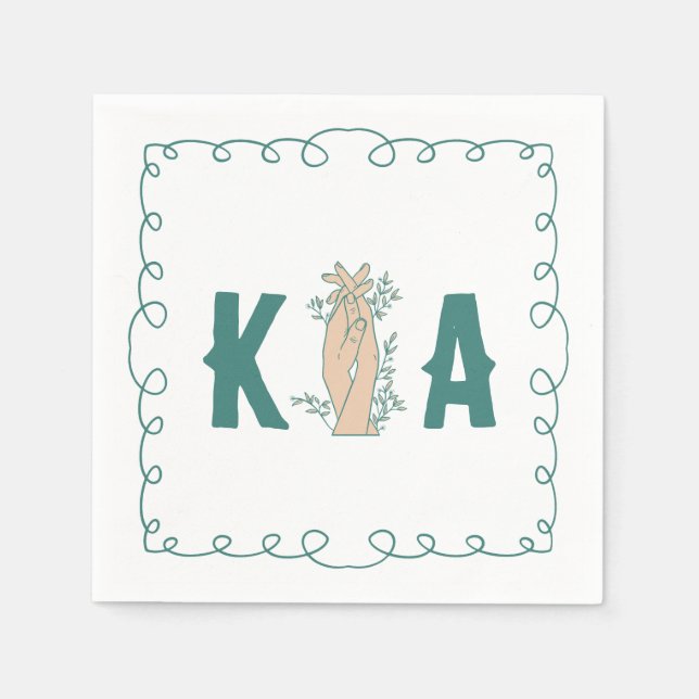 Trendy Teal Blue Initial Floral Hand Drawn Doodle Napkins (Front)