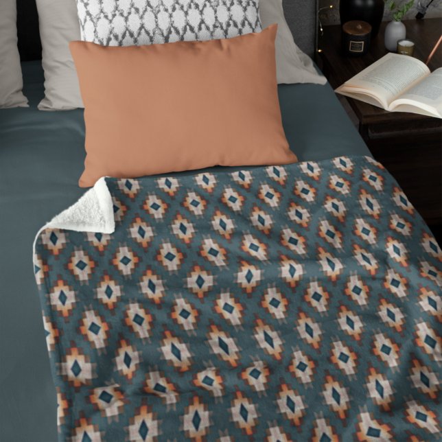 Trendy Teal Blue Orange Dark Brown Gray Tribal Art Fleece Blanket (Creator Uploaded)