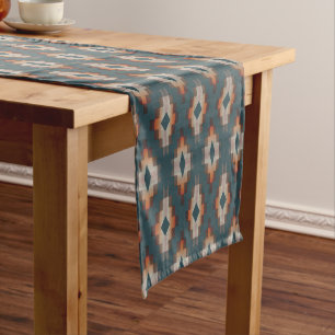 Trendy Teal Blue Orange Dark Brown Gray Tribal Art Medium Table Runner