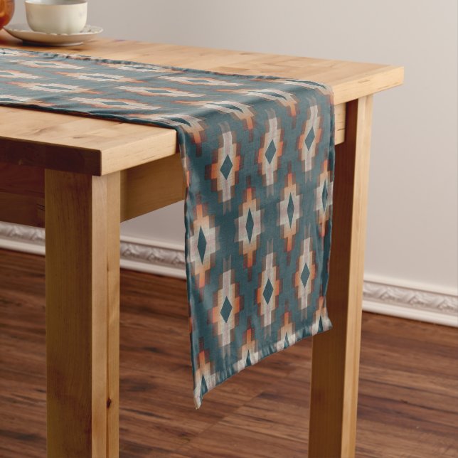 Trendy Teal Blue Orange Dark Brown Gray Tribal Art Medium Table Runner (In Situ)