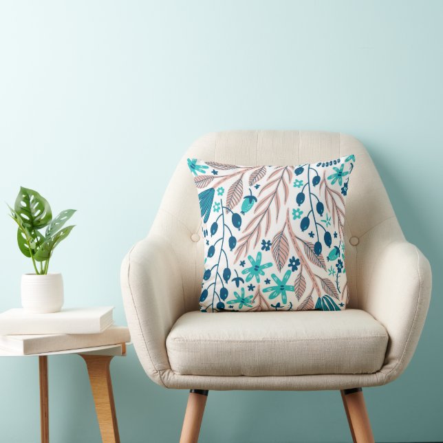 Trendy Teal Blue Pink Blush White Floral Monogram Throw Pillow (Chair)