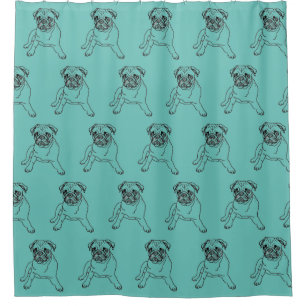 Trendy Teal Blue Pug Dog Drawing Shower Curtain
