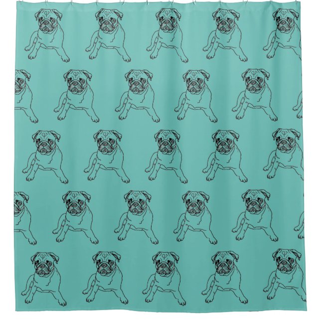 Trendy Teal Blue Pug Dog Drawing Shower Curtain (Front)