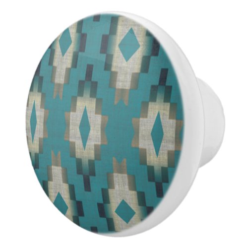 Trendy Teal Blue Taupe Brown Beige Gray Tribal Art Ceramic Knob