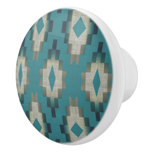 Trendy Teal Blue Taupe Brown Beige Gray Tribal Art Ceramic Knob (Right)