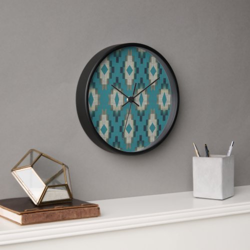 Trendy Teal Blue Taupe Brown Beige Gray Tribal Art Clock