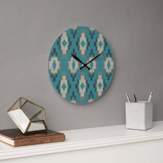 Trendy Teal Blue Taupe Brown Beige Gray Tribal Art Large Clock