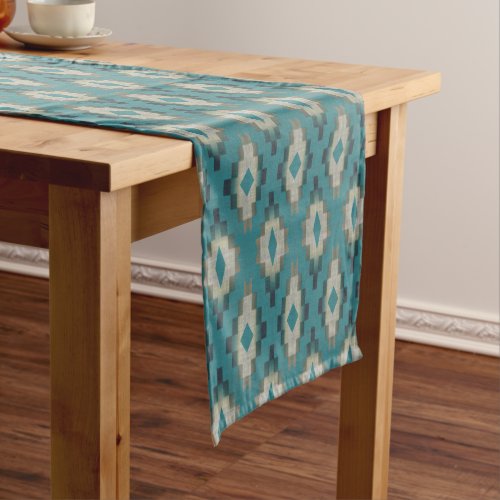 Trendy Teal Blue Taupe Brown Beige Gray Tribal Art Medium Table Runner