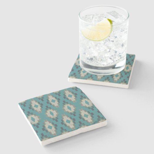 Trendy Teal Blue Taupe Brown Beige Gray Tribal Art Stone Coaster
