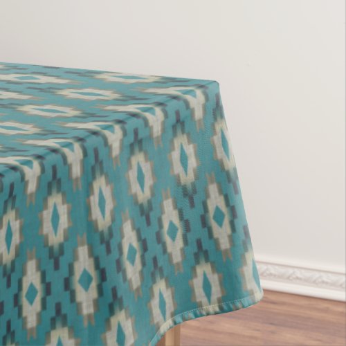 Trendy Teal Blue Taupe Brown Beige Gray Tribal Art Tablecloth