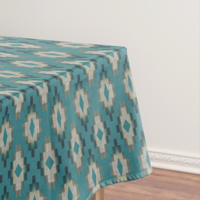 Trendy Teal Blue Taupe Brown Beige Gray Tribal Art Tablecloth (In Situ)
