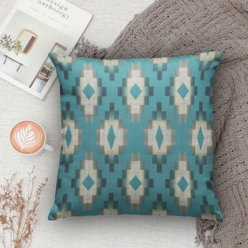 Trendy Teal Blue Taupe Brown Beige Gray Tribal Art Throw Pillow