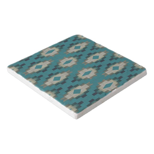 Trendy Teal Blue Taupe Brown Beige Gray Tribal Art Trivet (Corner)