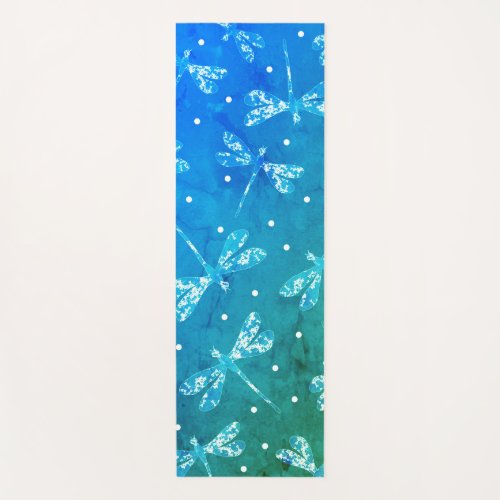 Trendy teal blue watercolor ombre dragonflies yoga mat
