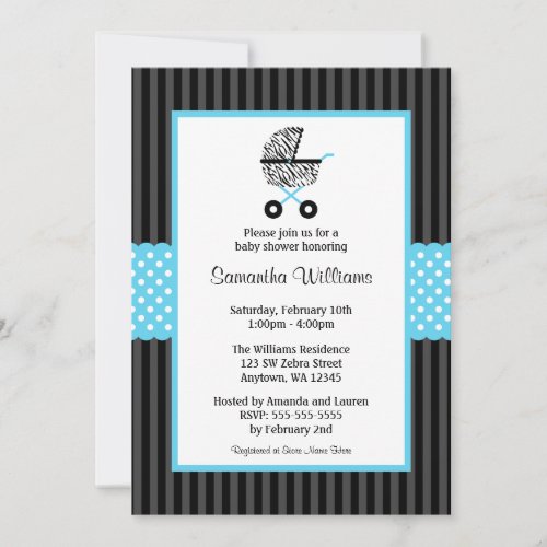 Trendy Teal Blue Zebra Carriage Baby Shower Announcement