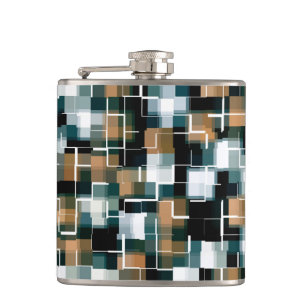 Trendy Teal Brown Black White Plaid Hip Flask