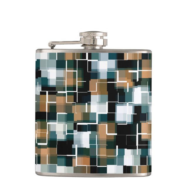 Trendy Teal Brown Black White Plaid Hip Flask (Front)